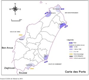 Carte des ports du gouvernorat de Nabeul.
