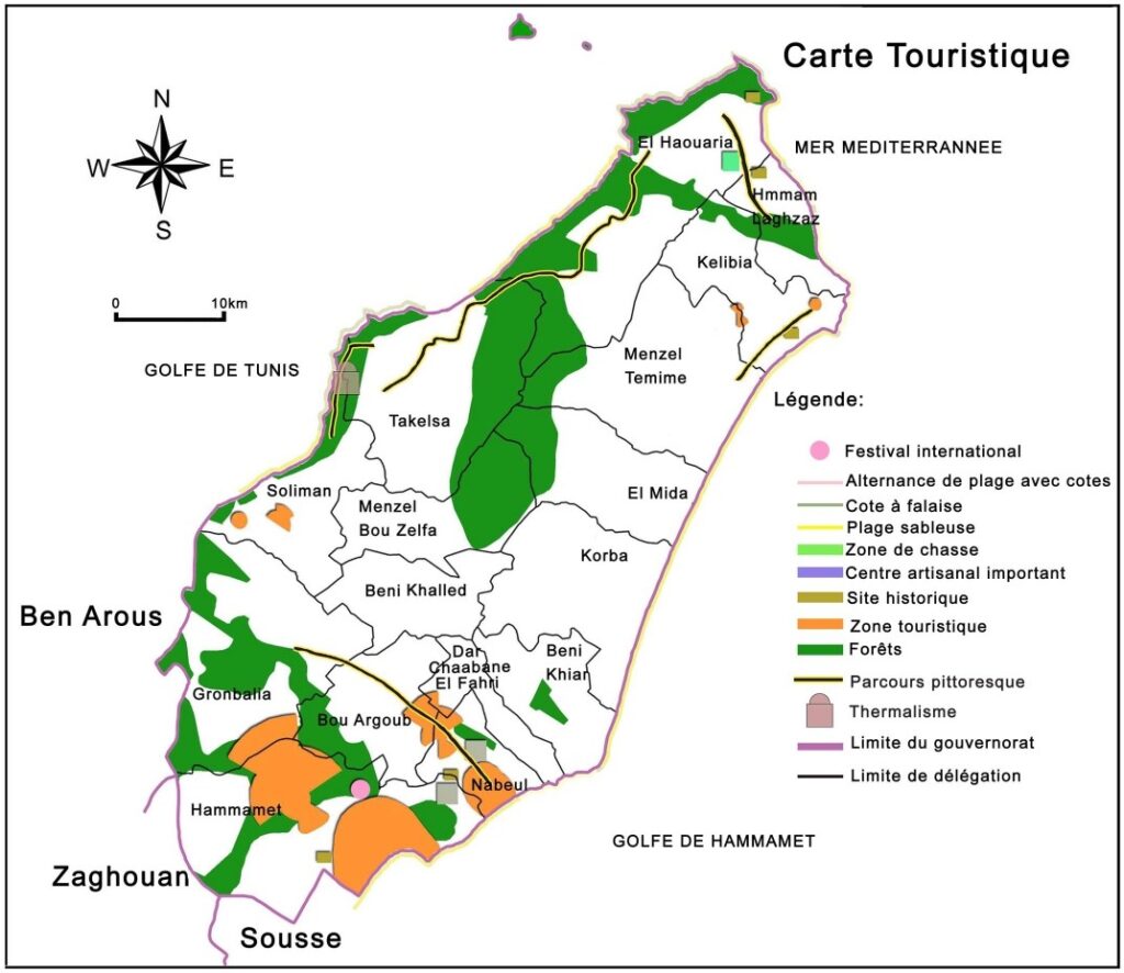 Carte touristique du gouvernorat de Nabeul.