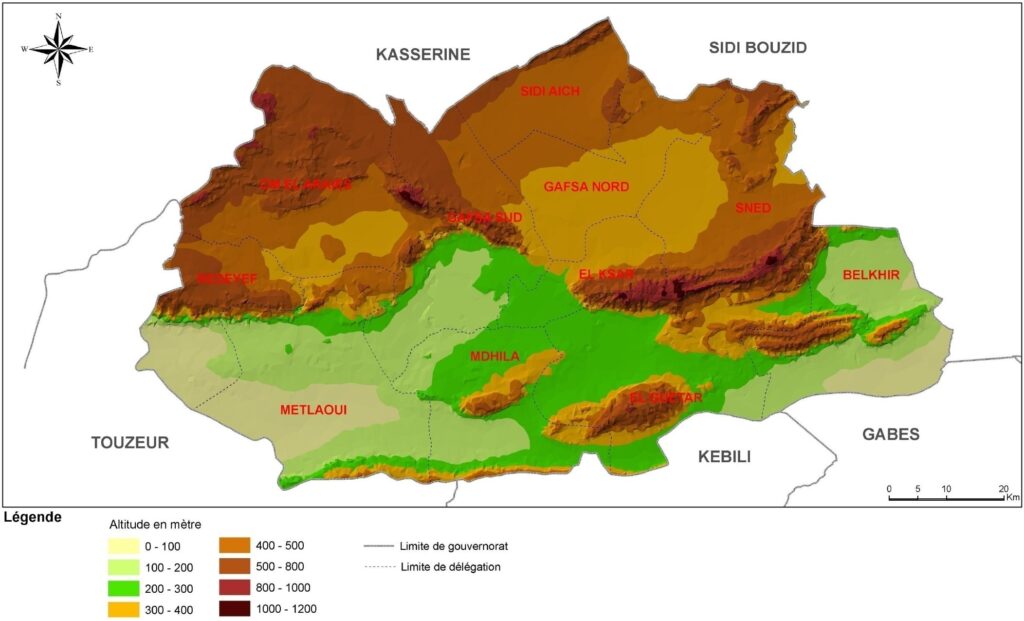 Carte topographique du gouvernorat de Gafsa.