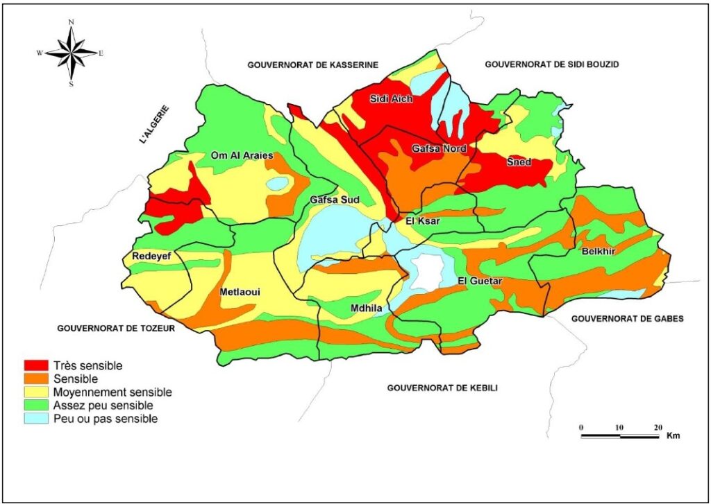 Carte de la sensibilité à la désertification dans le gouvernorat de Gafsa.