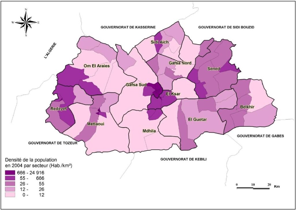Carte de la densité de population dans le gouvernorat de Gafsa.