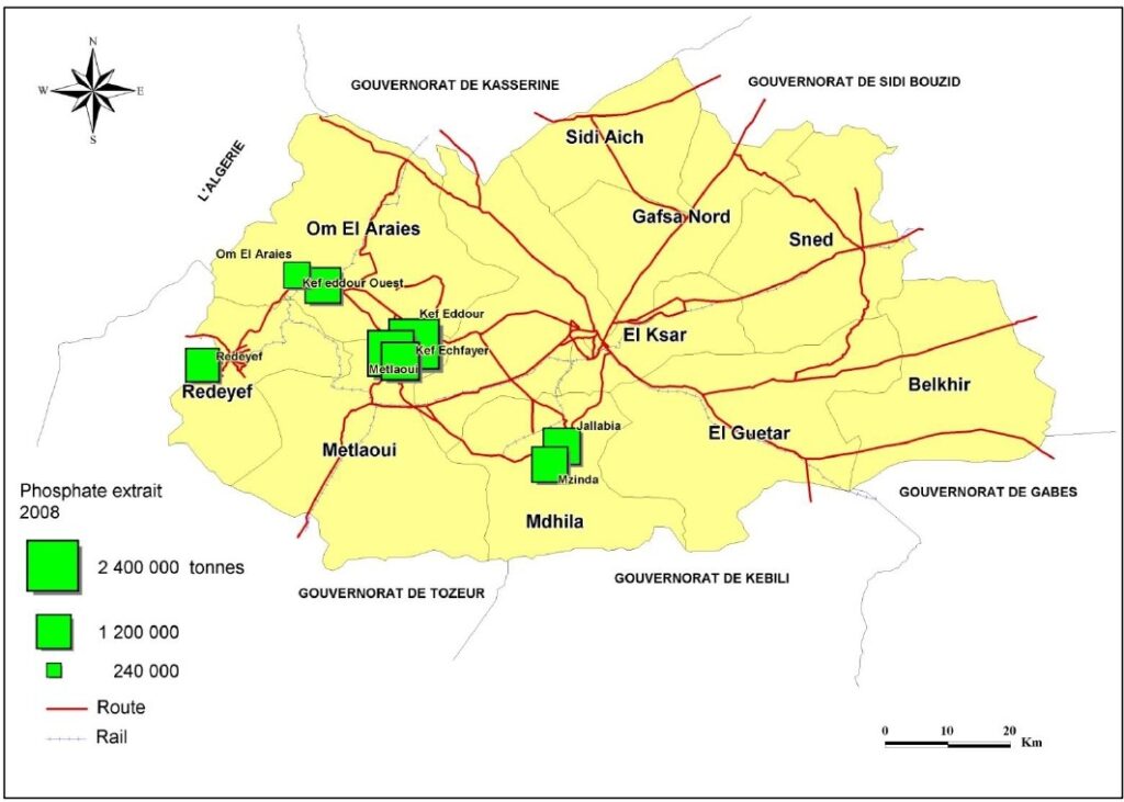Carte de l'extraction du phosphate dans le gouvernorat de Gafsa en 2008.