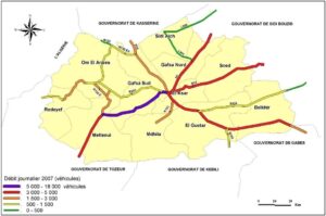 Carte de la circulation motorisée des véhicules dans le gouvernorat de Gafsa 2007.