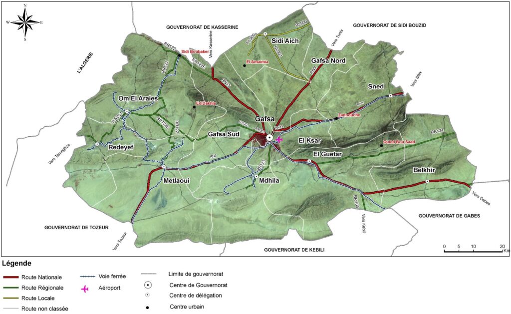 Carte du réseau routier du gouvernorat de Gafsa.