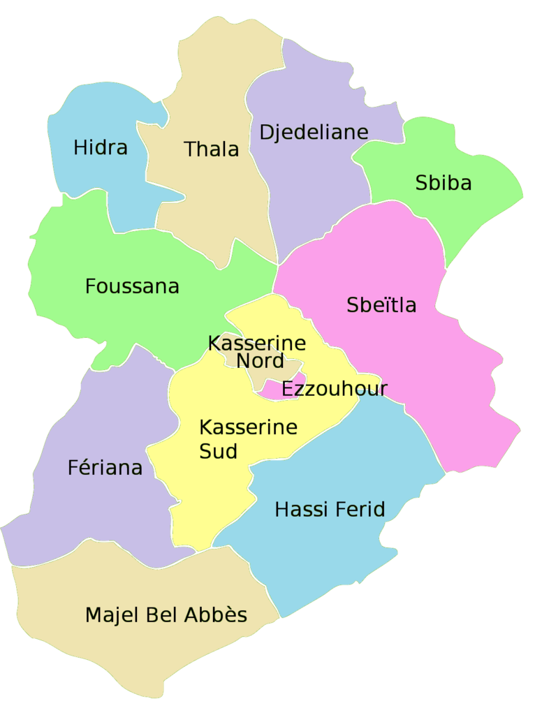 Carte des délégations du gouvernorat de Kasserine.