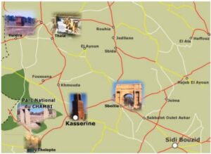 Plan des repères archéologiques et touristiques à Kasserine.