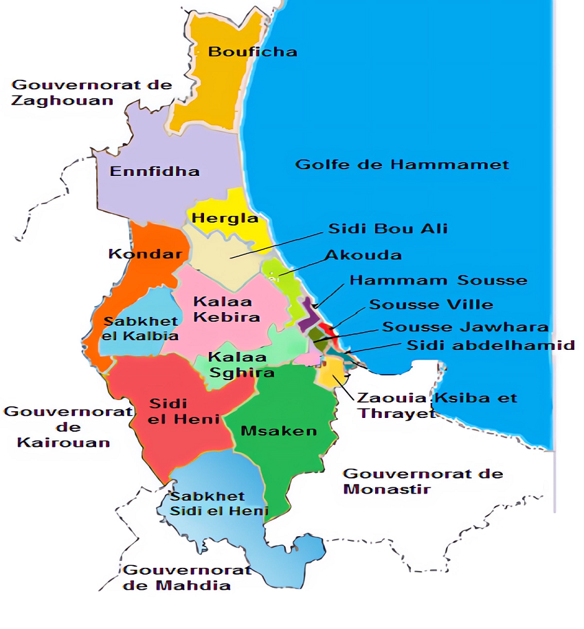 Carte des délégations du gouvernorat de Sousse.