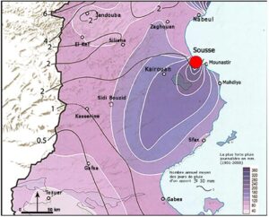 Carte des précipitations dans la region de Sousse : entre 200mm et 400mm.