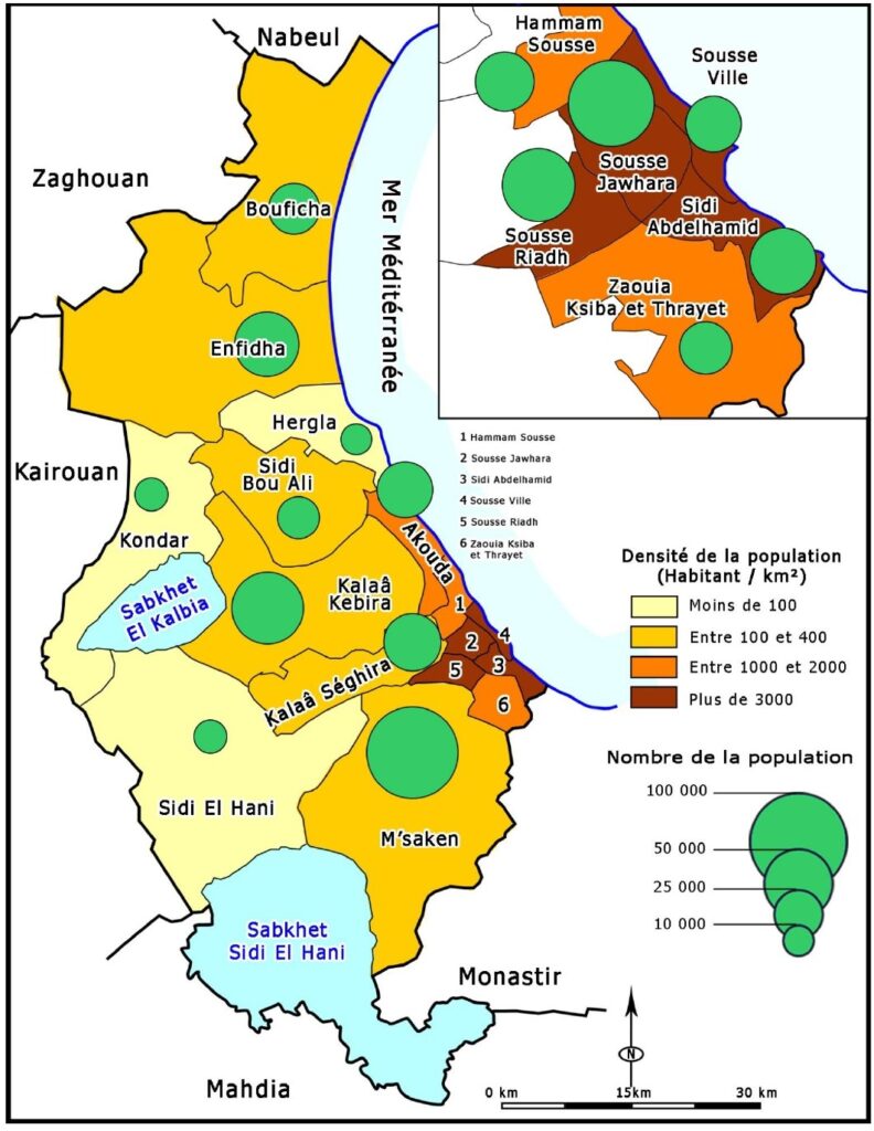 Carte de la densité de population dans le gouvernorat de Sousse.