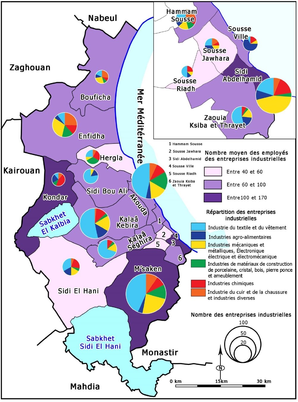 Carte de répartition des entreprises industrielles par délégation dans le gouvernorat de Sousse.