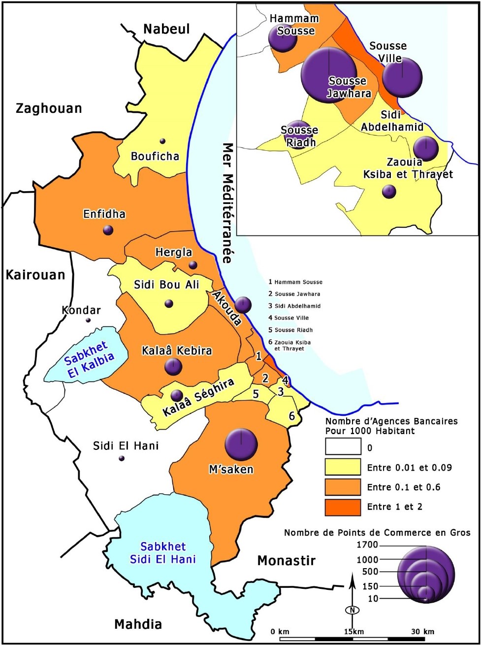Carte de la répartition du nombre des commerçants de gros et d’agences bancaires dans le gouvernorat de Sousse.