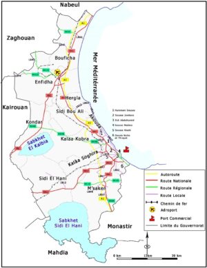 Carte routière du gouvernorat de Sousse