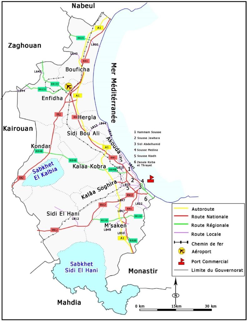 Carte routière du gouvernorat de Sousse.