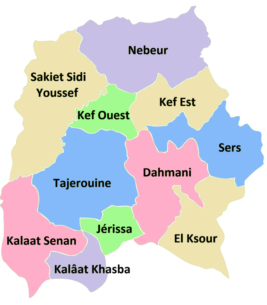 Carte des délégations du gouvernorat du Kef.