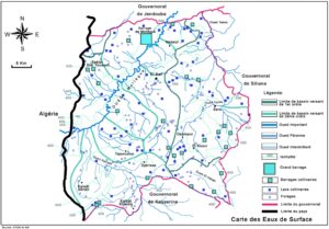 Carte des eaux de surface dans le gouvernorat du Kef.