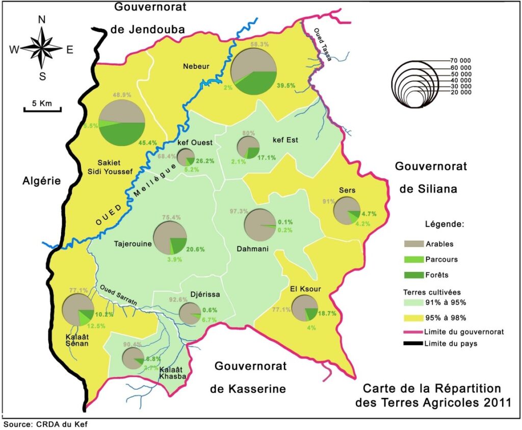 Carte de répartition des terres agricoles dans le gouvernorat du Kef en 2011.