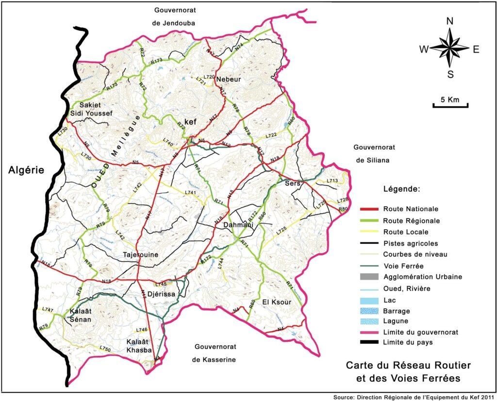 Carte routière et ferroviaire du gouvernorat du Kef.