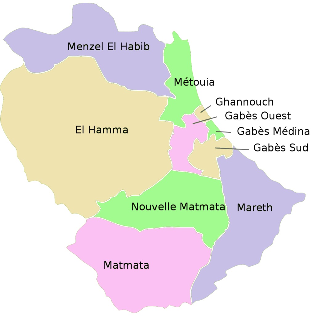 Carte des délégations du gouvernorat de Gabès.