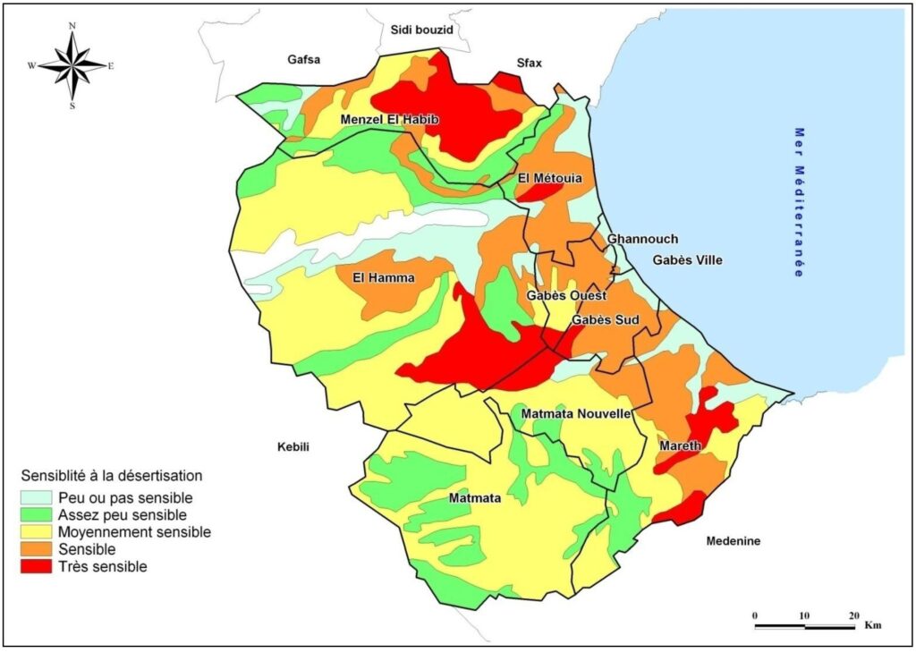 Carte de la sensibilité à la désertification du gouvernorat de Gabès.