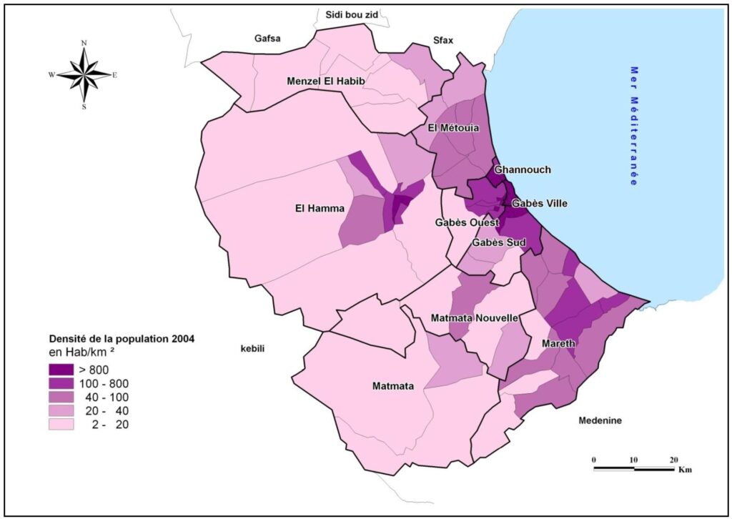 Carte de la densité de la population dans le gouvernorat de Gabès.