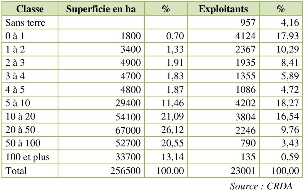 Exploitations et exploitants agricoles par classe de superficie dans le gouvernorat de Gabès en 2004-2005.