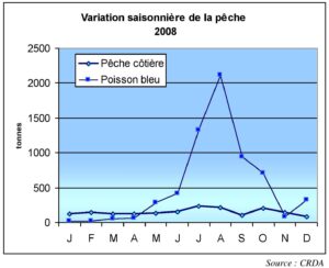 Variation saisonnière de la pêche dans le gouvernorat de Gabès en 2008.