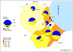 Carte des routes et des densités routières dans le gouvernorat de Gabès en 2008.