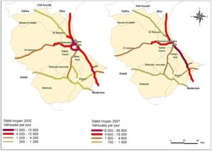 Cartes des flux routiers quotidiens répartis par section de route dans le gouvernorat de Gabès en 2002 et 2007.