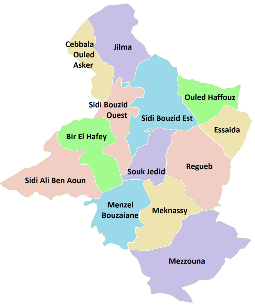Carte des délégations du gouvernorat de Sidi Bouzid.