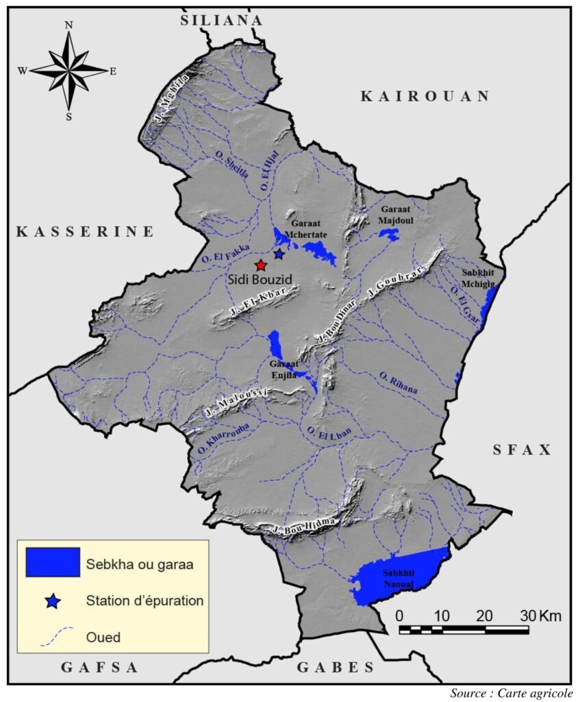 Carte hydrographique du gouvernorat de Sidi Bouzid.