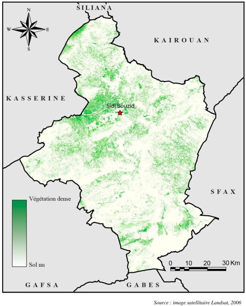 Carte de l'indice de végétation dans le gouvernorat de Sidi Bouzid.