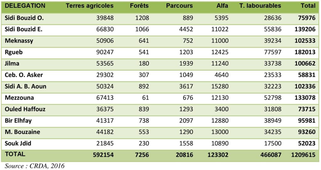 Répartition des terres selon la vocation (en ha) dans le gouvernorat de Sidi Bouzid en 2016.