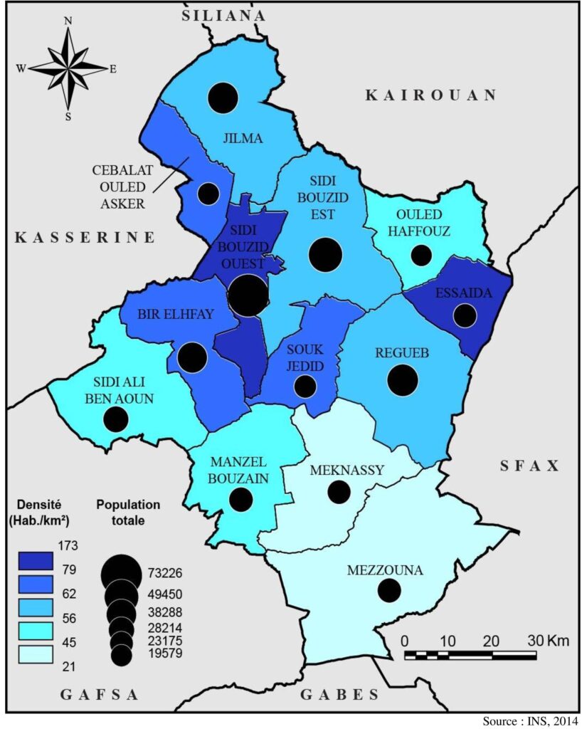 Carte de la densité de la population dans le gouvernorat de Sidi Bouzid en 2014.