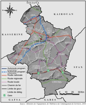 Carte routière du gouvernorat de Sidi Bouzid
