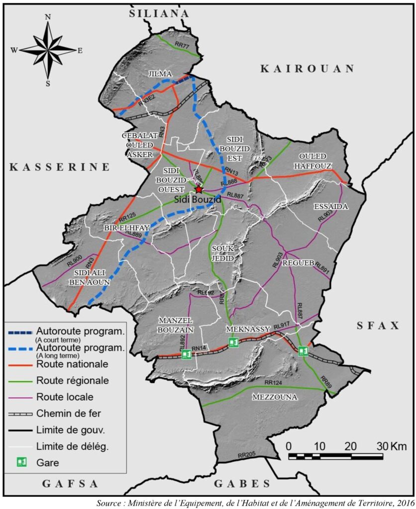 Carte routière du gouvernorat de Sidi Bouzid.