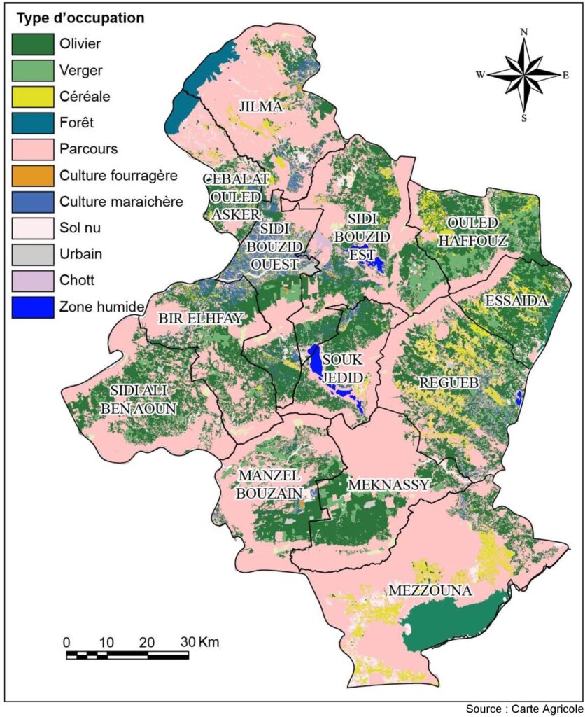 Carte de l'occupation du sol dans le gouvernorat de Sidi Bouzid.