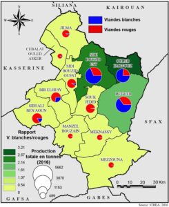 Carte de la production de viandes dans le gouvernorat de Sidi Bouzid en 2016.