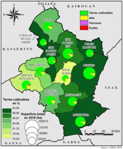 Carte de la répartition des terres par délégations et selon la vocation dans le gouvernorat de Sidi Bouzid en 2016 (en ha).