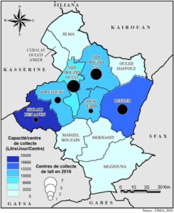Carte des centres de collecte de lait et leurs capacités journalières dans le gouvernorat de Sidi Bouzid en 2016.