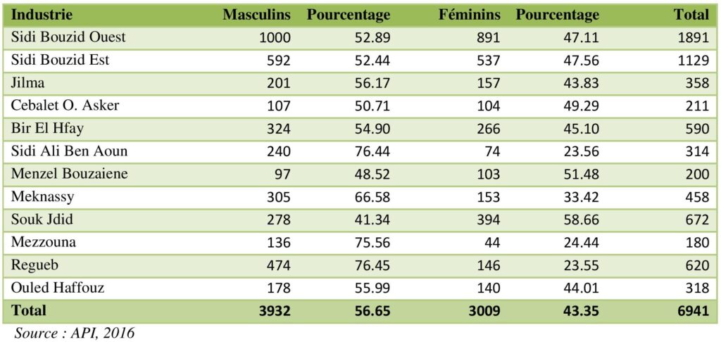 Répartition des occupés (15 ans et +) en industrie manufacturière par sexe dans le gouvernorat de Sidi Bouzid en 2016.