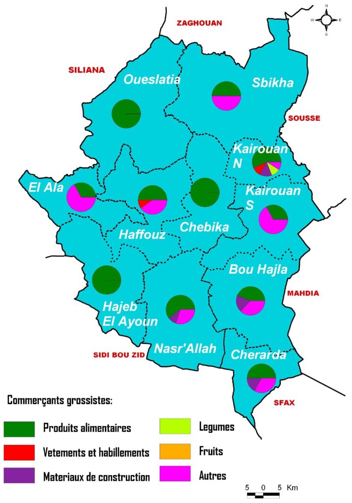 Carte de la répartition des commerçants grossistes par délégation dans le gouvernorat de Kairouan en 2008.