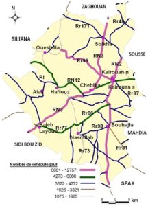 Carte du flux de la circulation sur les voies du Gouvernorat de Kairouan en 2009.