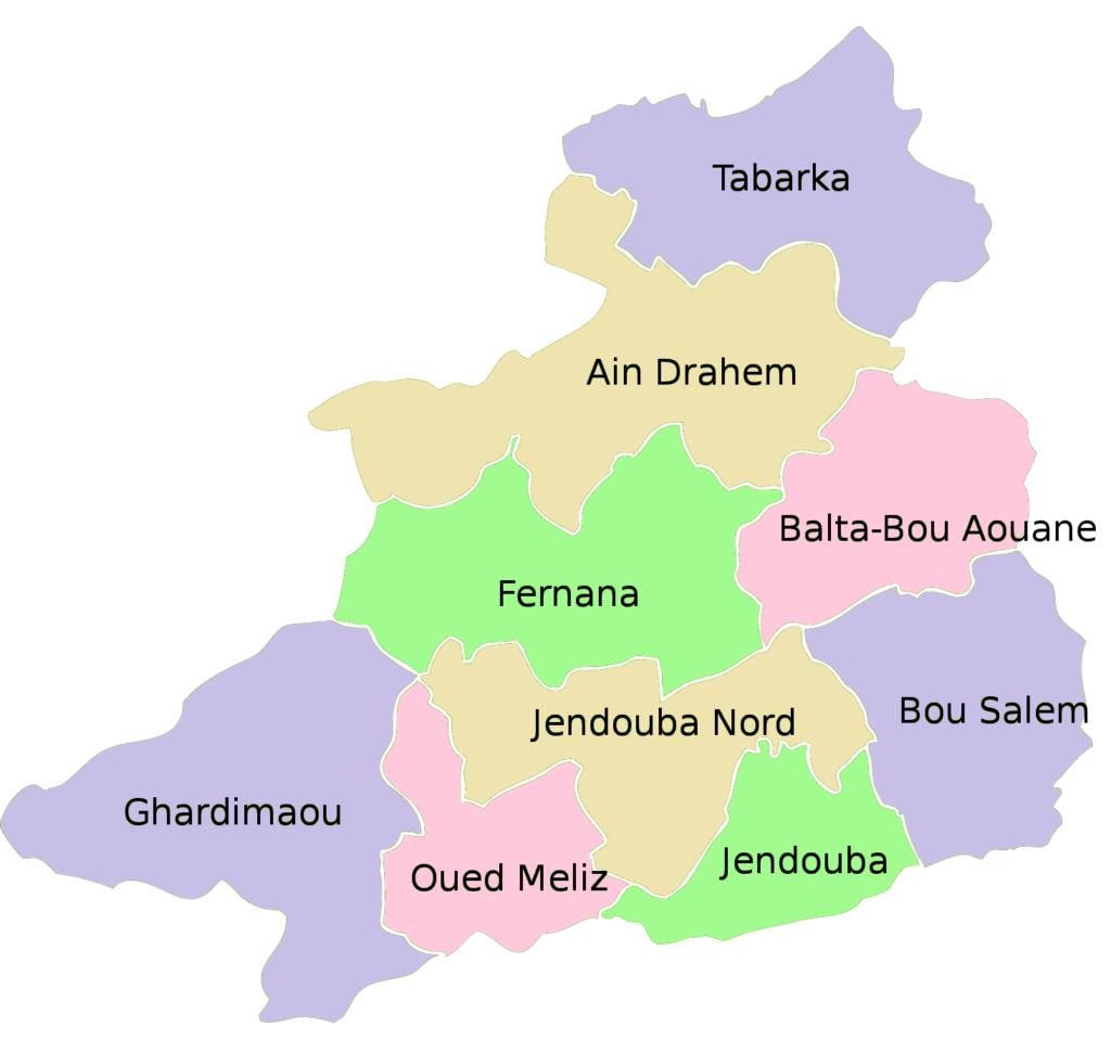 Carte des délégations du gouvernorat de Jendouba.