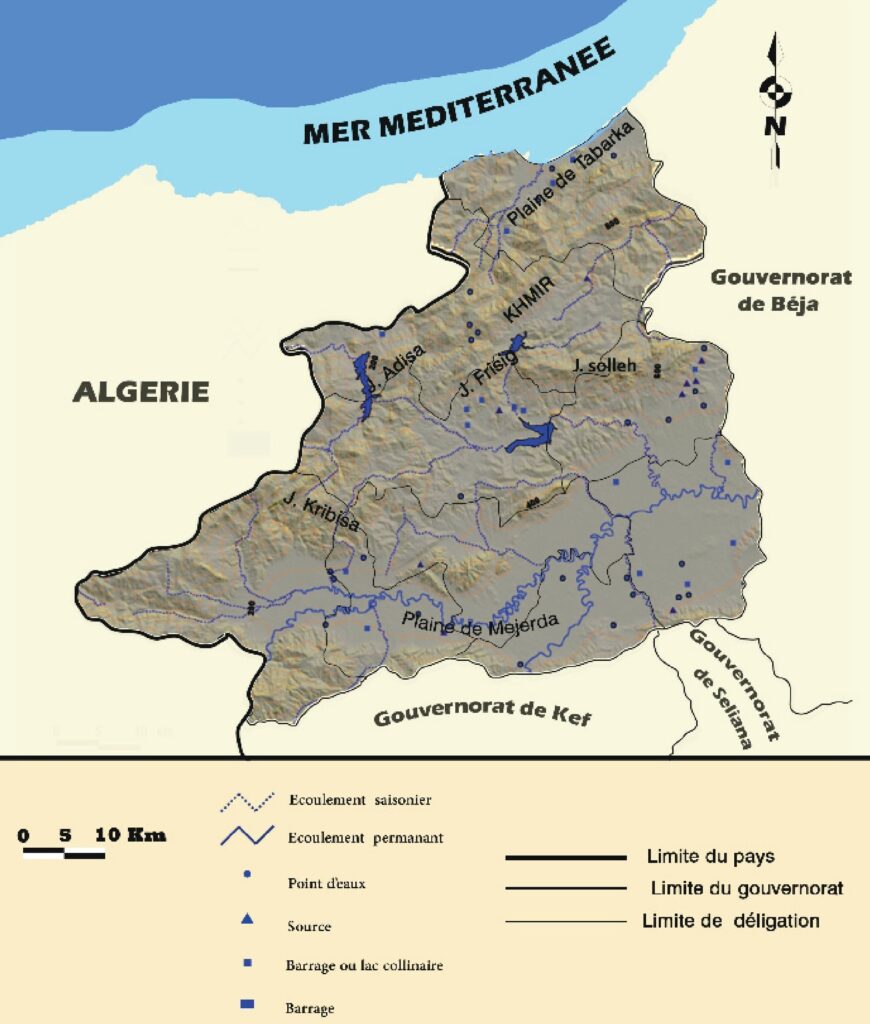 Carte hydrographique du gouvernorat de Jendouba.