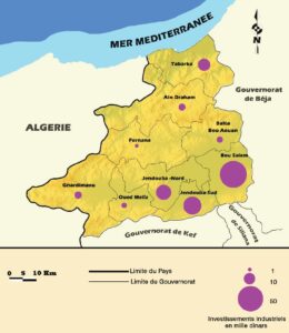 Carte de la répartition des investissements industrielles par délégation dans le gouvernorat de Jendouba.