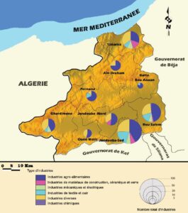 Carte de la répartition des types d'industrie par délégation dans le gouvernorat de Jendouba.