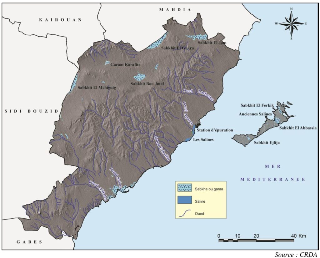 Carte hydrographique du gouvernorat de Sfax.