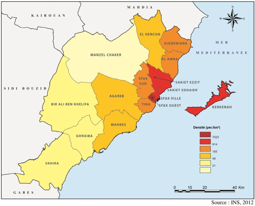 Carte de la densité de la population dans le gouvernorat de Sfax en 2012.