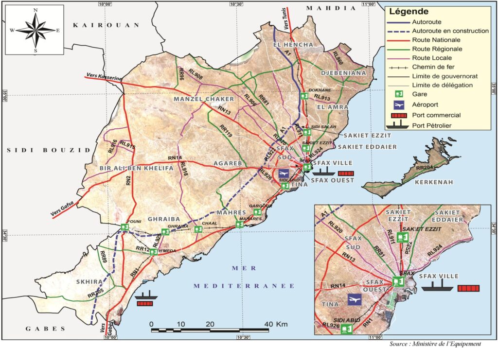 Carte routière du gouvernorat de Sfax.