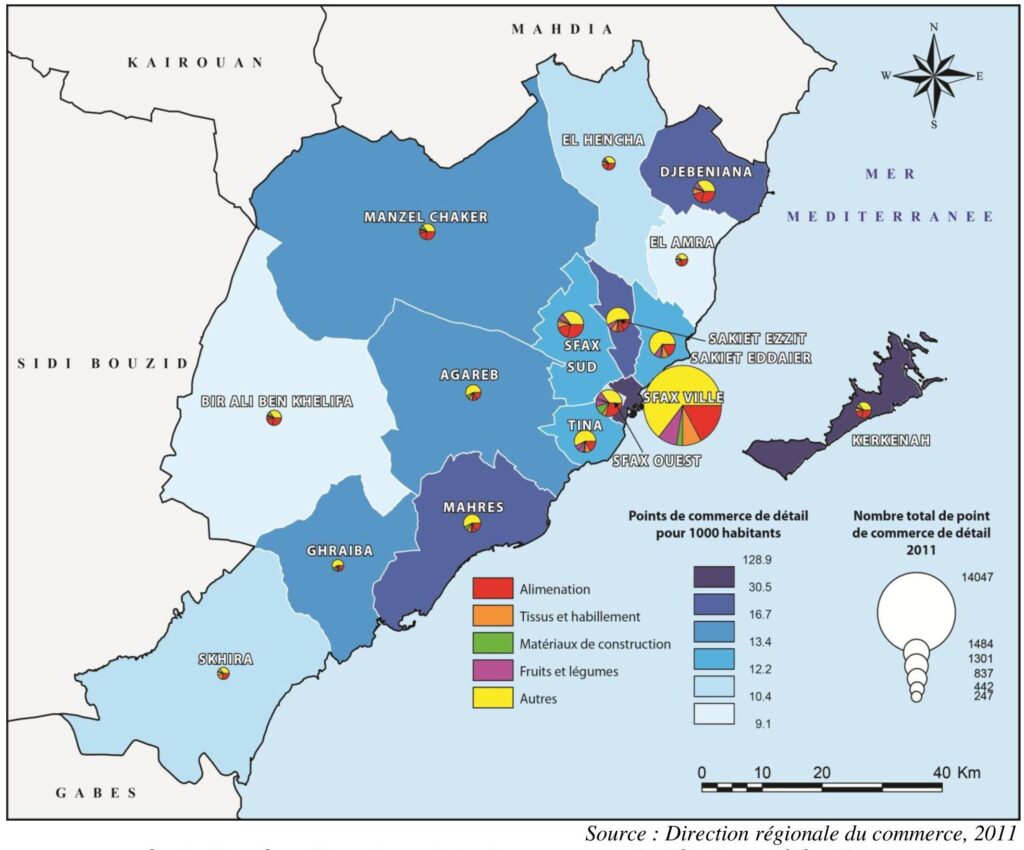 Carte de la répartition des points de commerce de détail par délégation et par activité commerciale dans le gouvernorat de Sfax en 2011.
